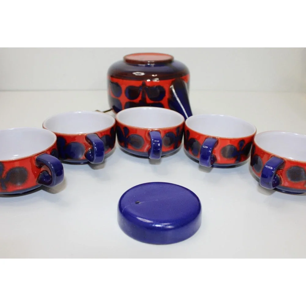VTG Waechtersbach West Germany Fat Lava MCM Mid Century Teapot Set 5 Cups